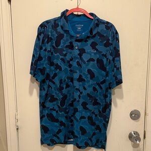 Good Good Golf Men's Camo Polo Shirt - Blue and Black with gold flags size L